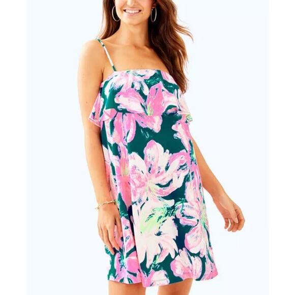 Lilly Pulitzer Annastasha Popover Shift Dress Floral Ruffle Blue Pink Size Mediu - Picture 1 of 12